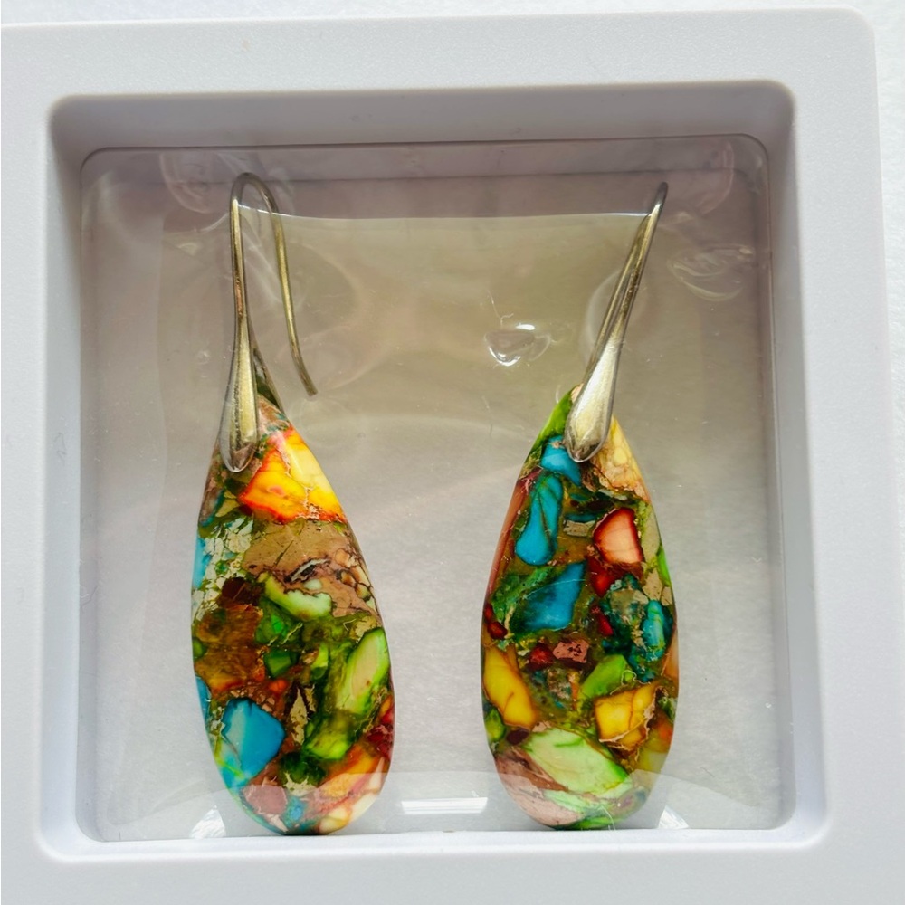 BEAUTIFUL NATURAL SEA SEDIMENT GEMSTONES DROP EARRINGS HANDMADE NWT